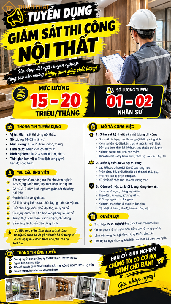Tuyển giám sát thi công nội thất tại TP.HCM lương 15–20 triệu.